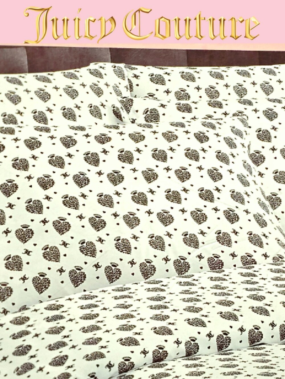 Juicy Couture Home JC Logo Heart Crown Queen Bed Sheet Set